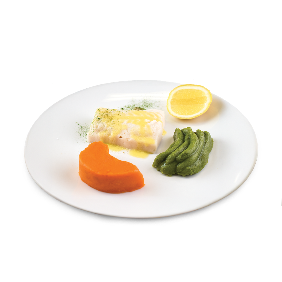 Shape It Steamed White Fish pureed with lemon butter sauce, served with pureed green beans and sweet potato.