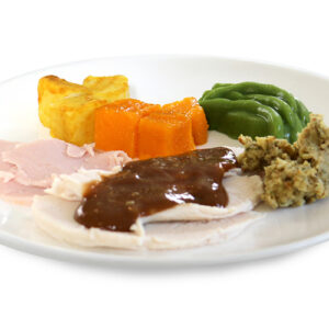 Shape It Roast IDDSI 4 Pureed, including ham, turkey, potatoes, green beans and pumpkin.