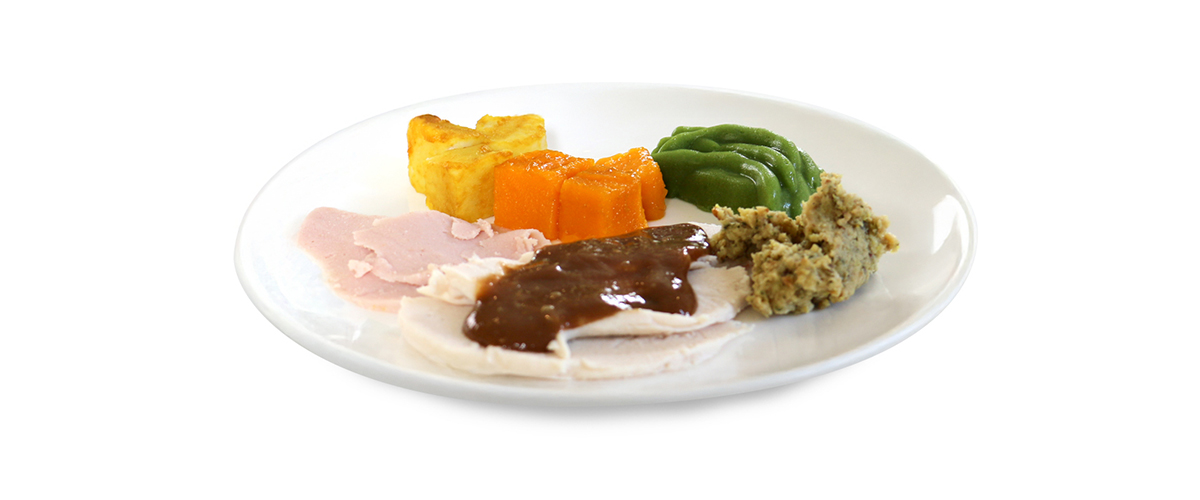 Shape It Roast IDDSI 4 Pureed, including ham, turkey, potatoes, green beans and pumpkin.